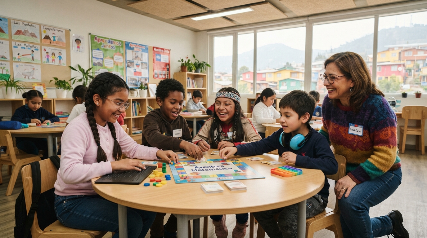 Aula inclusiva con niños y docente trabajando en juegos pedagógicos